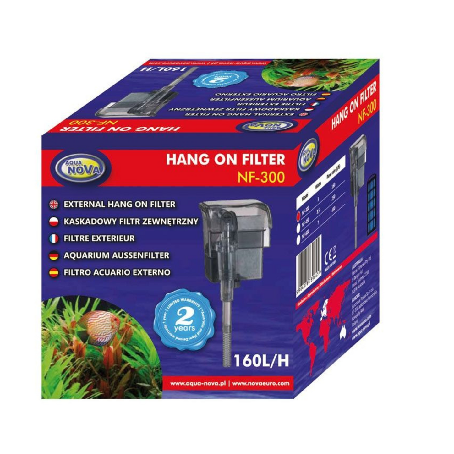Aquanova NF-300 Filtre suspendu d'aquarium 160l/h pour aquariums jusqu'à 60 litres